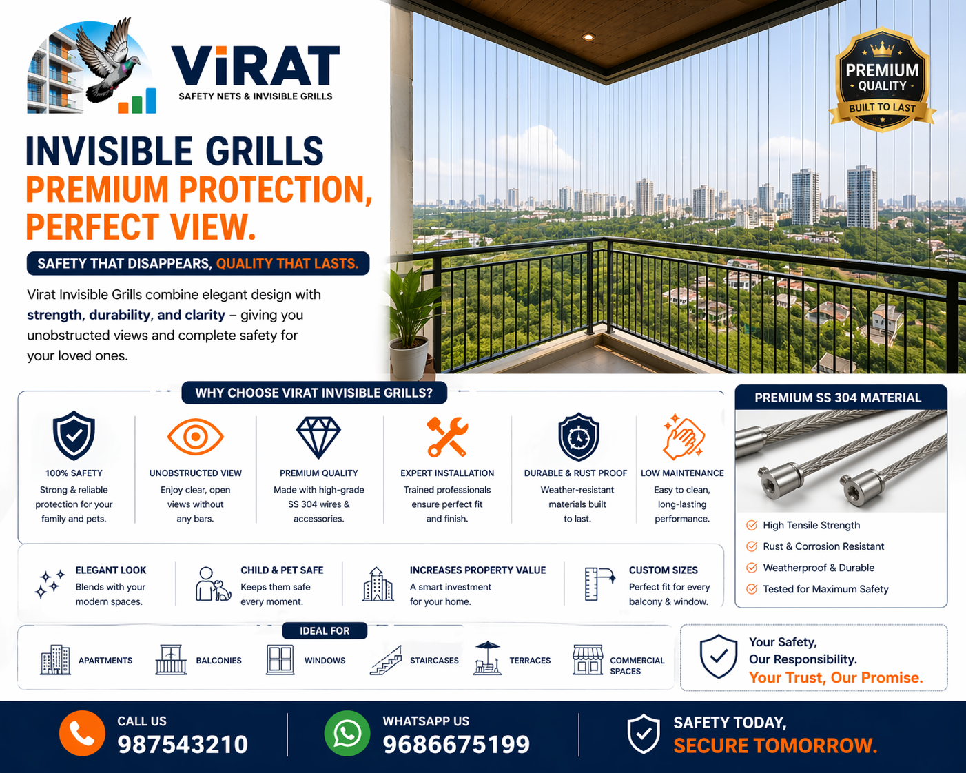 Premium invisible grill on a high-rise balcony
